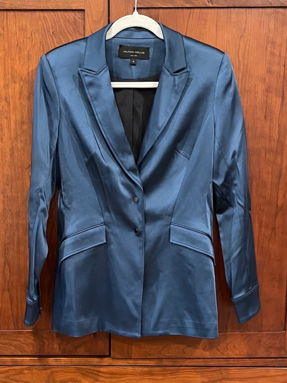Hilton Hollis Teal Blue Satin Tailored Liquid Suiting Blazer in Peacock Size 6